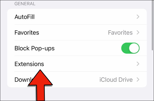 Toca Extensiones en la configuración de Safari.