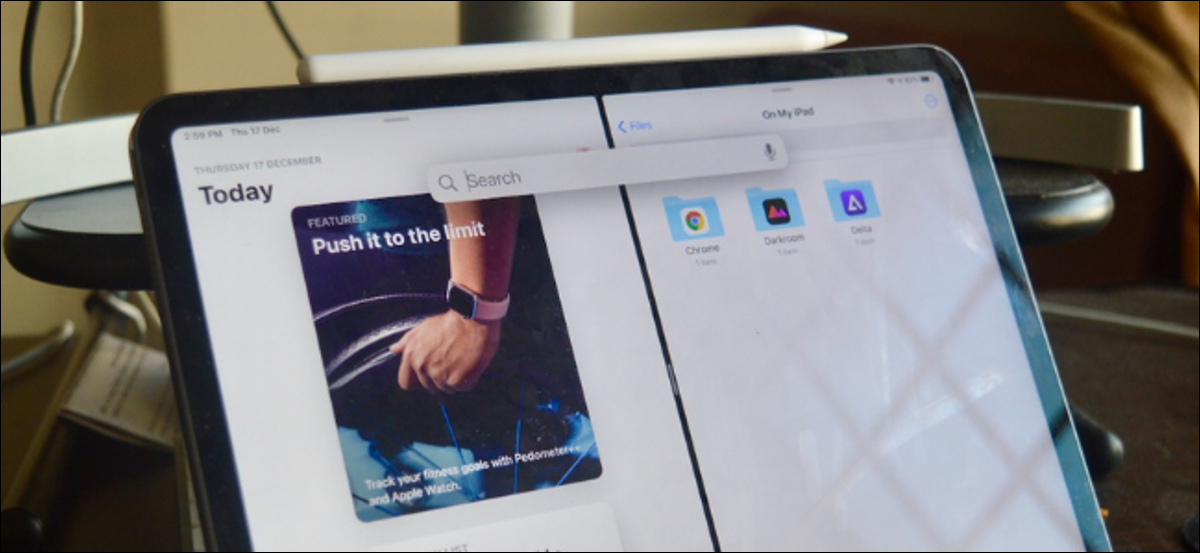 Usuario de iPad que usa la búsqueda universal para agregar rápidamente aplicaciones a la vista dividida