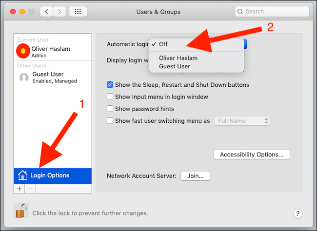 Haga clic en Opciones de inicio de sesión y luego en Inicio de sesión automático antes de seleccionar el usuario que necesita.