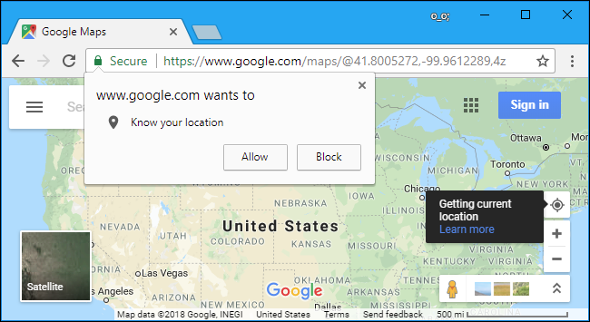Il sito web di Google Maps che richiede l'autorizzazione alla posizione