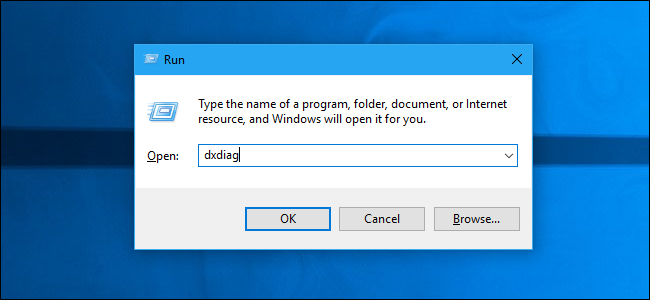 Ejecutar dxdiag desde el cuadro de diálogo Ejecutar de Windows 10