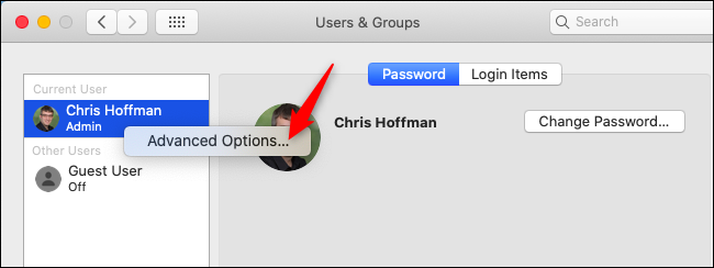Ouvrir les options avancées dans Utilisateurs et groupes sur macOS.