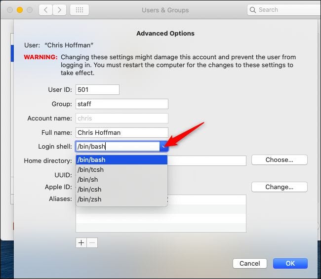 Change the default login shell graphically in macOS Catalina.