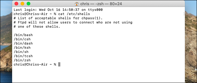 Elenco delle shell disponibili nel terminale macOS Catalina.
