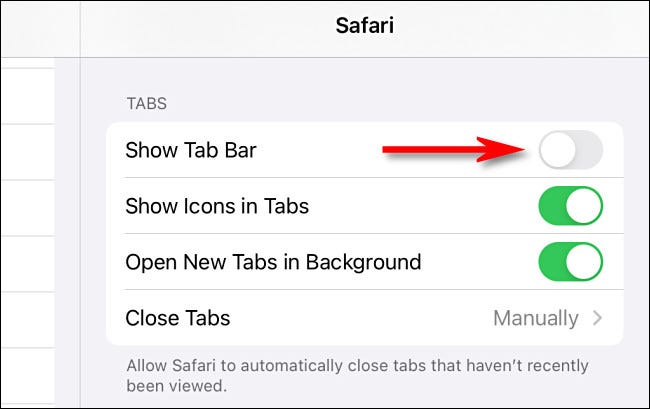 En la configuración de Safari en iPad, cambie "Mostrar barra de pestañas" a "Desactivado".