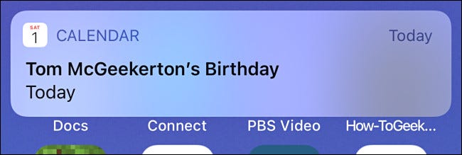 Un ejemplo de una alerta de cumpleaños del Calendario de iPhone.