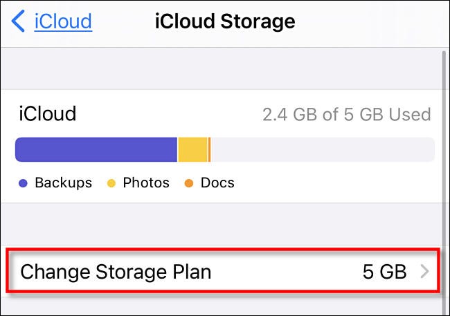 En iCloud Storage, toca "Cambiar plan de almacenamiento".