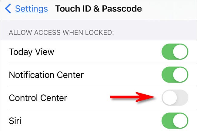 En la configuración de Código de acceso, apague el interruptor junto a "Centro de control".