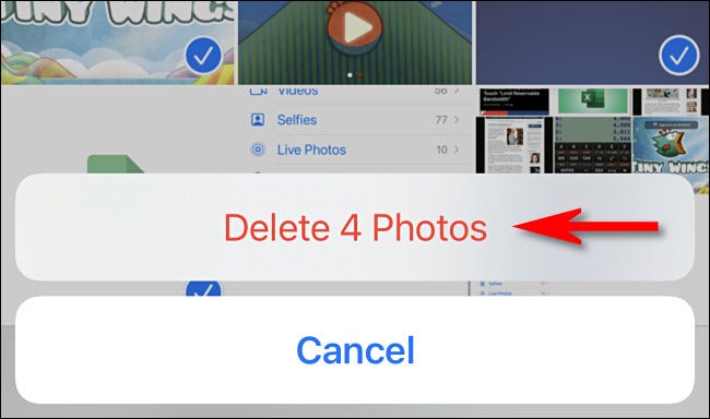 En la aplicación Fotos del iPhone o iPad, toca "Eliminar fotos" para confirmar la eliminación.
