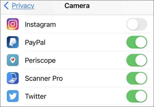 Una lista de ejemplo de aplicaciones de iPhone que pueden acceder a su cámara en Configuración de privacidad.