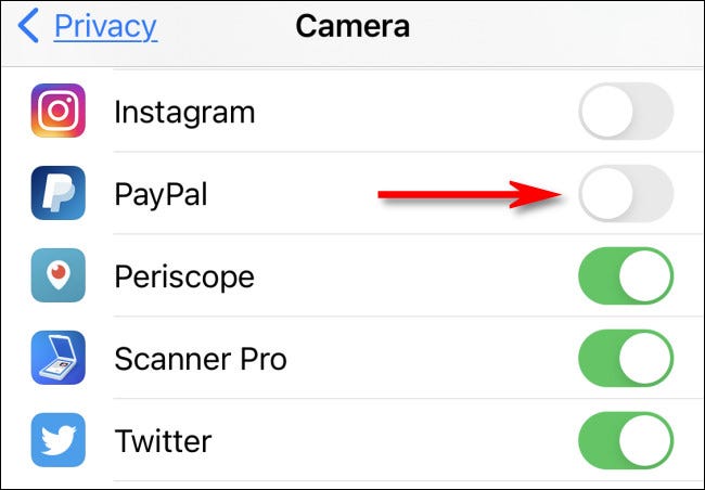 En la configuración del iPhone, para otorgar o revocar el acceso a su cámara, toque el interruptor junto a la aplicación en la lista.
