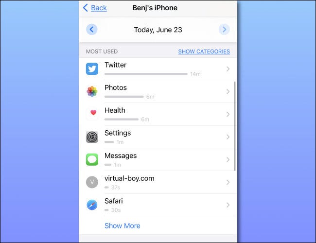 Un ejemplo de una lista de aplicaciones más utilizadas de Screen Time en iPhone.