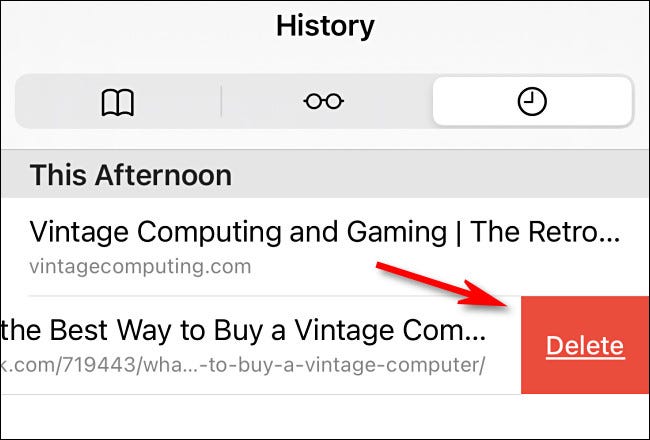 Nell'elenco Cronologia Safari, puoi scorrere qualsiasi singola voce ed eliminarla.