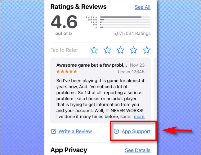 En la página de una aplicación en la App Store, toque "Soporte de aplicaciones."