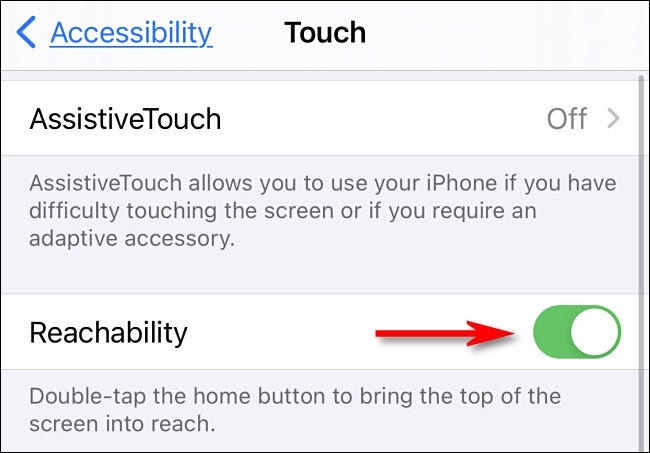 En la configuración de iPhone Touch, toque el interruptor junto a "Accesibilidad" para activarlo.
