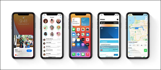Cinco iPhones de Apple con iOS 14.