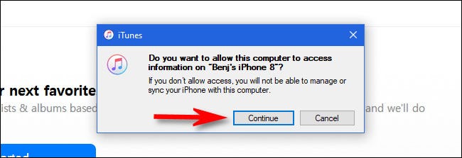 En iTunes, haga clic en "Continuar" para permitir el acceso a su dispositivo.