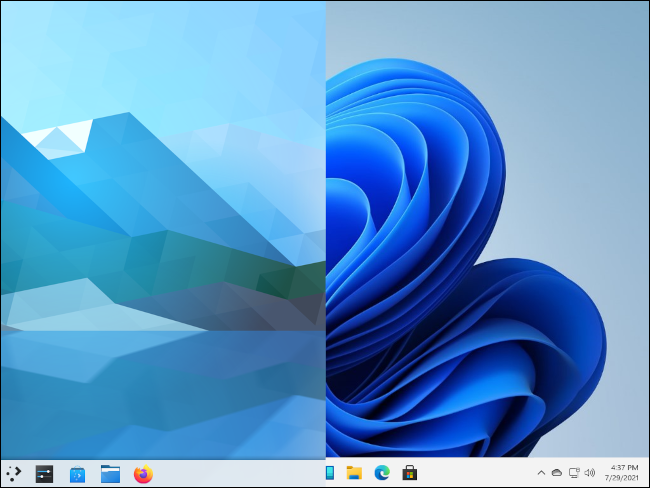 Comparação de tela dividida do KDE Neon e Windows 11, respectivamente.