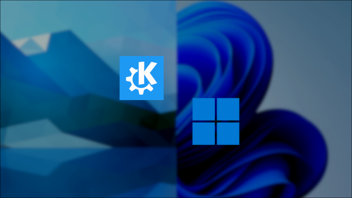 Logotipos de KDE y Windows 11 sobre una imagen de pantalla dividida de fondos de escritorio