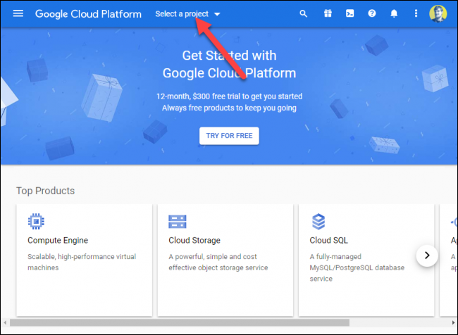 Haga clic en "Seleccionar un proyecto" en Google Cloud Platform.