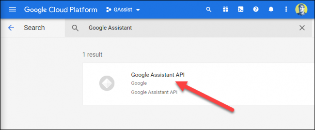 Haga clic en la opción "API del Asistente de Google" cuando aparezca.