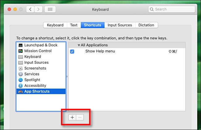 Haga clic en el signo más (+) para agregar un atajo de teclado.