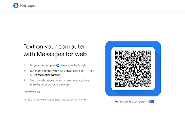 Escanee el código QR para vincular mensajes de Android y Chromebook