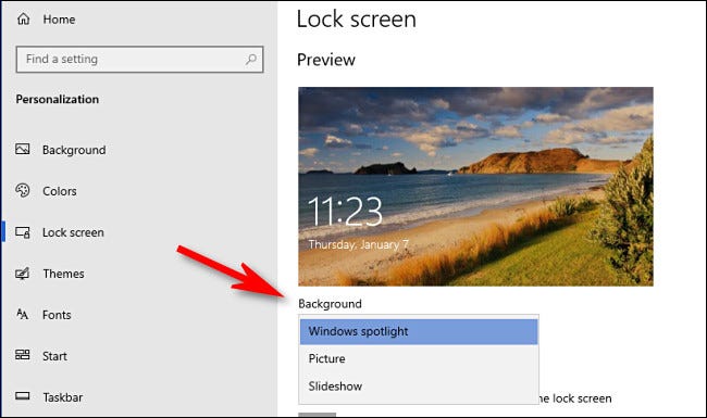 Nas configurações da tela de bloqueio do Windows 10, clique no menu suspenso 