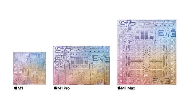Los chips Apple M1, M1 Pro y M1 Max uno al lado del otro