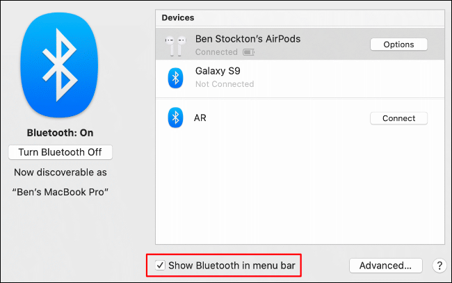 Haz clic en la casilla de verificación junto a "Mostrar Bluetooth en la barra de menú".