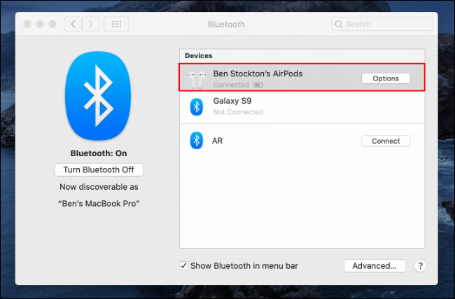 El menú "Bluetooth" en macOS.