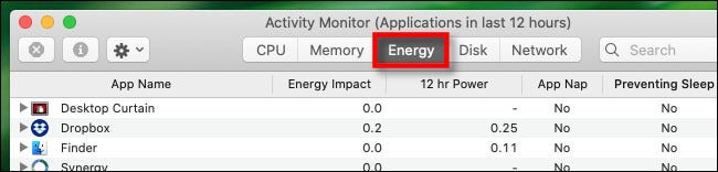 En Activity Monitor en Mac, haga clic en la pestaña "Energía".