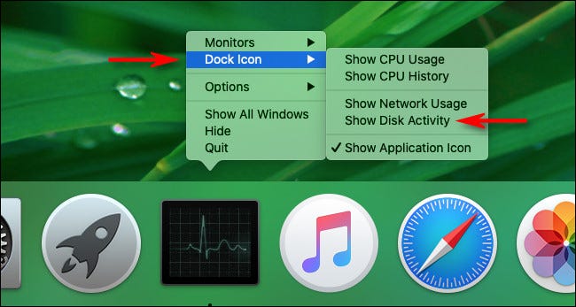 Seleccione "Mostrar actividad del disco" en las opciones del Dock del Monitor de actividad de Mac