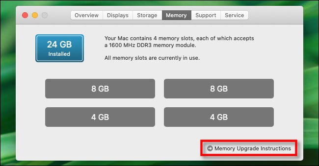 Haga clic en "Instrucciones de actualización de memoria" para obtener información sobre cómo actualizar la RAM en su Mac.