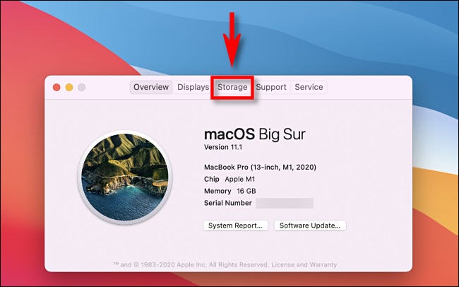 Im Fenster "Über diesen Mac", Klicken Sie auf die Schaltfläche oder Registerkarte "Lagerung".