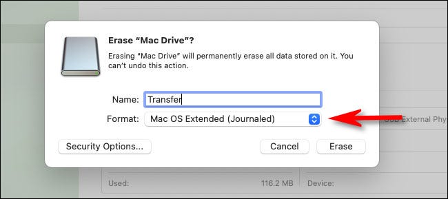 En la Utilidad de Discos de Mac, haga clic en el menú desplegable con la etiqueta "Formatear".