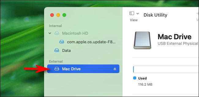 En la Utilidad de Discos de Mac, seleccione la unidad USB que desea formatear en la barra lateral.