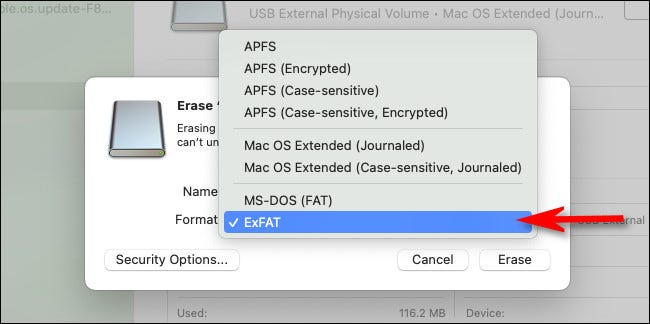 En la lista de formatos del sistema de archivos de la Utilidad de Discos, seleccione "exFAT".