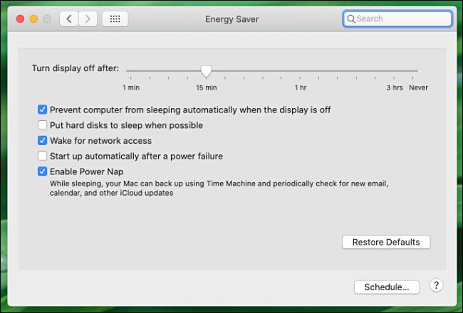 Panel de preferencias de ahorro de energía de Preferencias del sistema Mac