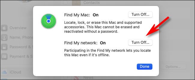 En una Mac, haga clic en "Desactivar" junto a "Buscar mi red".