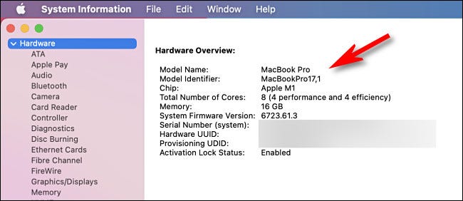 Página de descripción general del hardware de información del sistema Mac