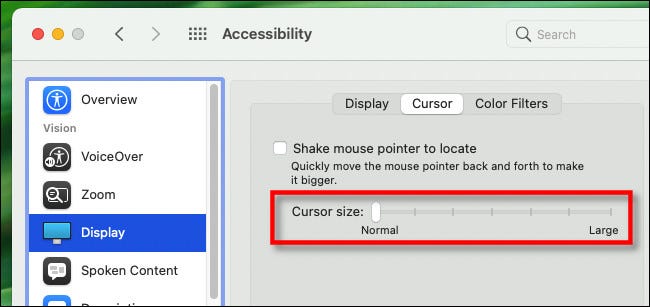 Para agrandar el puntero del mouse de Mac, use el control deslizante "Tamaño del cursor".