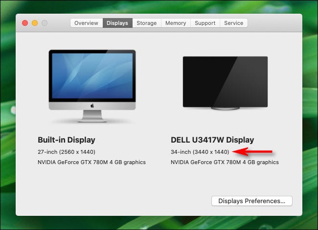 En la pestaña Pantallas "Acerca de esta Mac", verá la resolución de sus múltiples monitores en Mac.