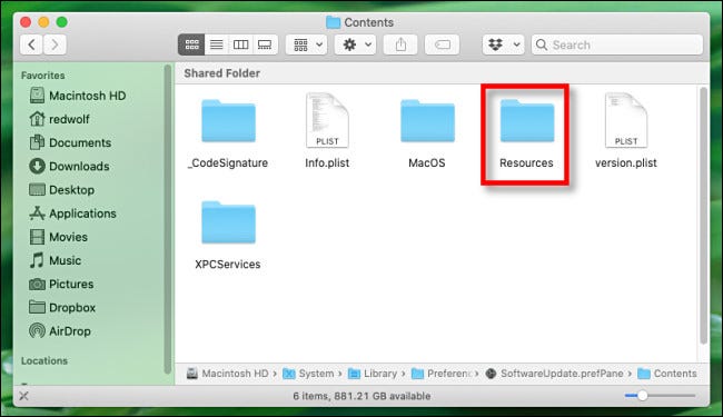 En Finder en Mac, haga clic en la carpeta "Recursos".