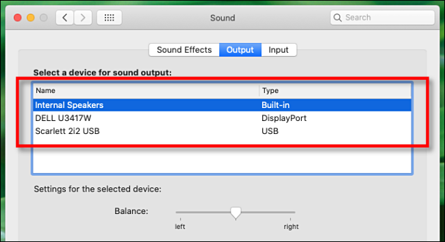 Seleccione un dispositivo de salida de audio en las preferencias de Sonido en la Mac