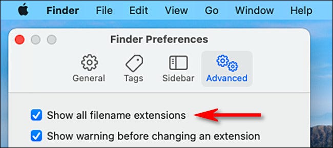 En las Preferencias de Advanced Finder, coloque una marca de verificación junto a "Mostrar todas las extensiones de nombre de archivo".