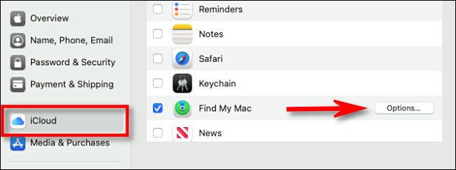 Haga clic en "Opciones" junto a "Buscar mi Mac" en las opciones de ID de Apple en Mac.