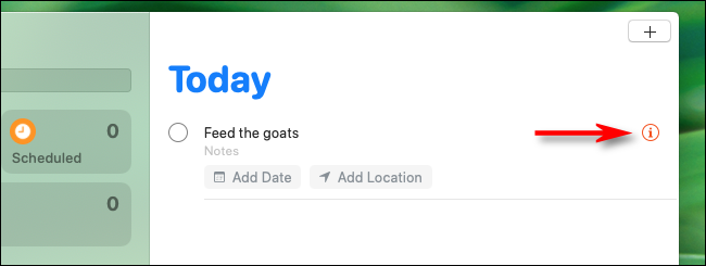 Fai clic sul pulsante delle informazioni nell'app Promemoria su un Mac