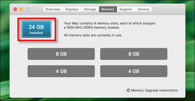 En la pestaña "Memoria", verá la cantidad total de memoria instalada.