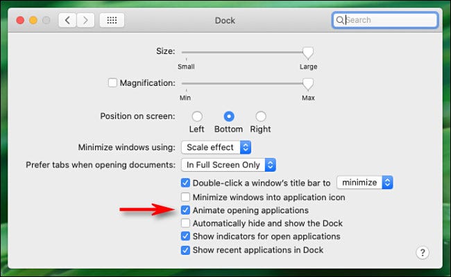En las preferencias de "Dock" en Mac, desmarque "Animar aplicaciones de apertura".